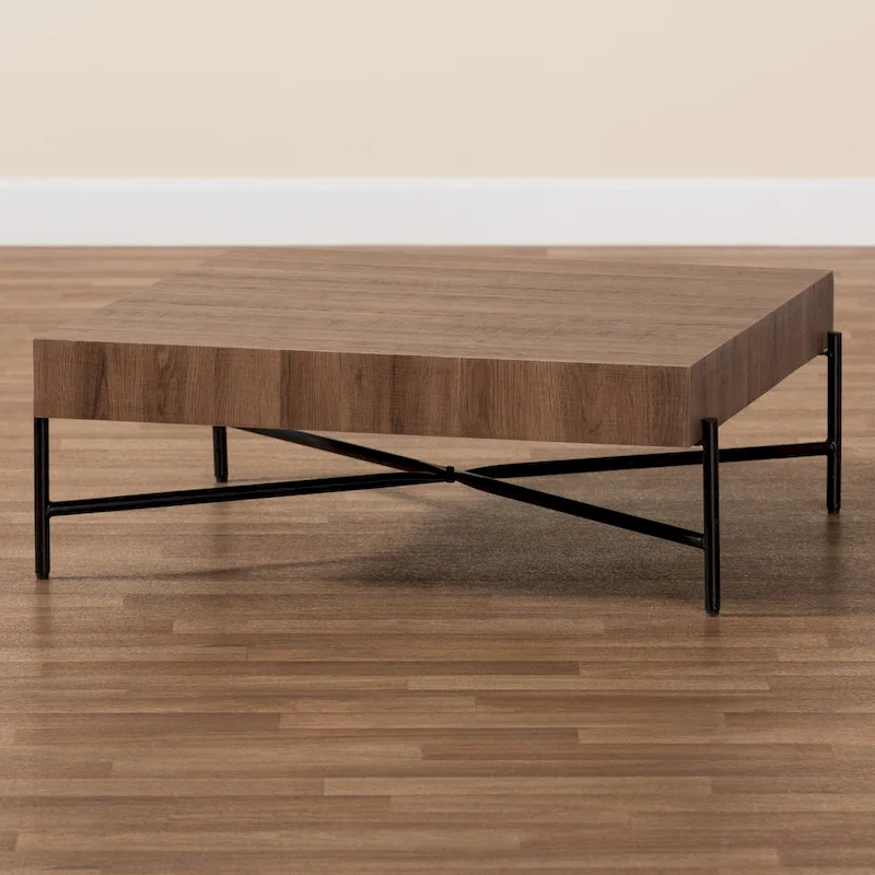Savion Modern Industrial Walnut Brown Finished Wood and Black Metal Coffee Table