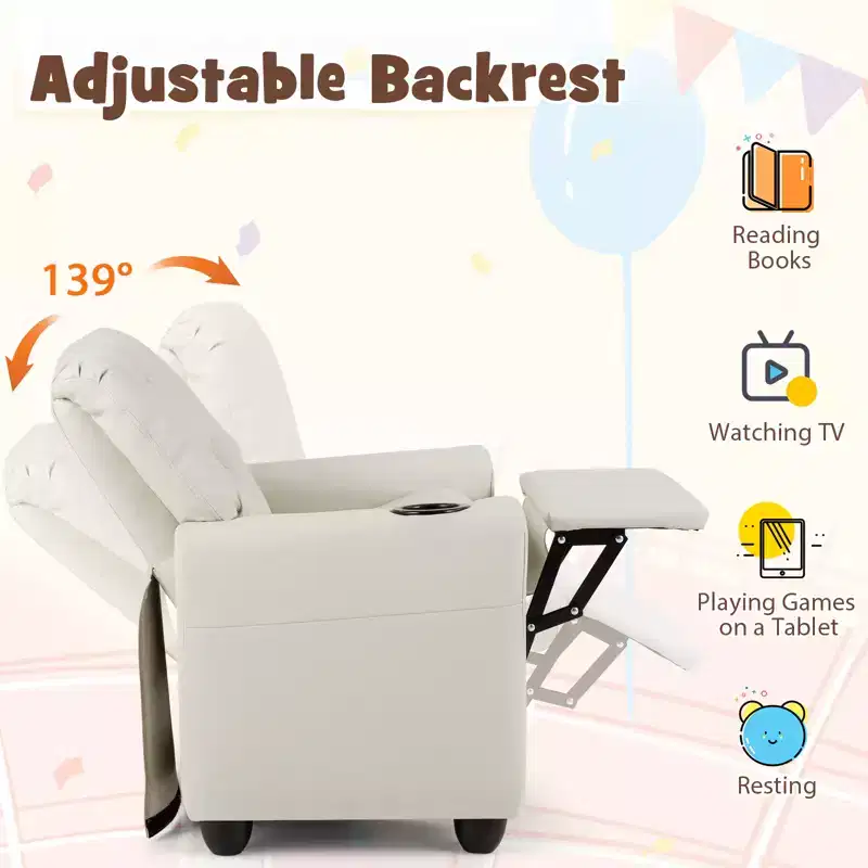 Kids Recliner Chair with Cup Holder – Beige / Black / Brown / Pink, Push-Back Style, 1-Seat
