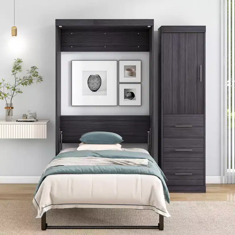 Whisen Wood Murphy Bed with Wardrobe and Drawers