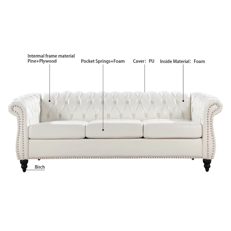 Cream 84.65 Traditional Chesterfield 3 Seater Sofa, PU Leather
