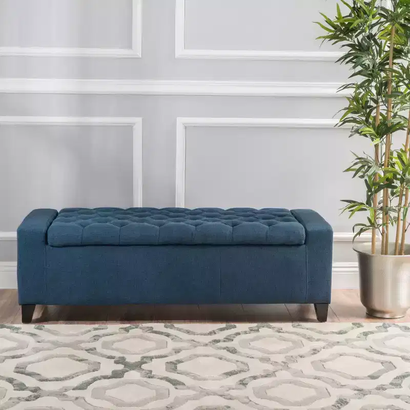 Navy Blue Upholstered Storage Bench, Single Seat