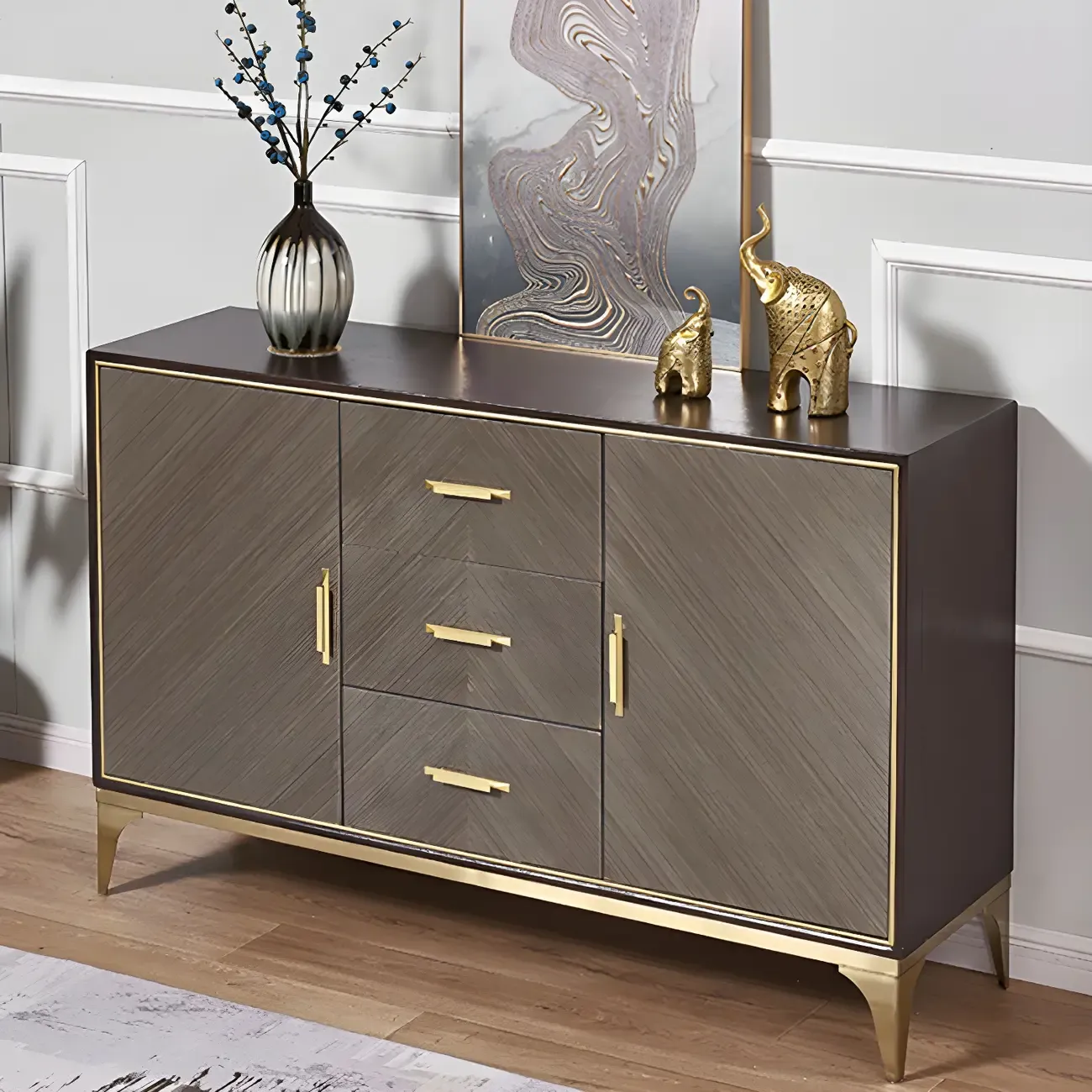 Glam Wooden Sideboard with Drawers & Adjustable Shelves