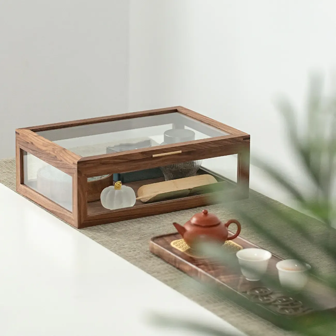 Small Walnut Wood Display Cabinet with Glass Doors
