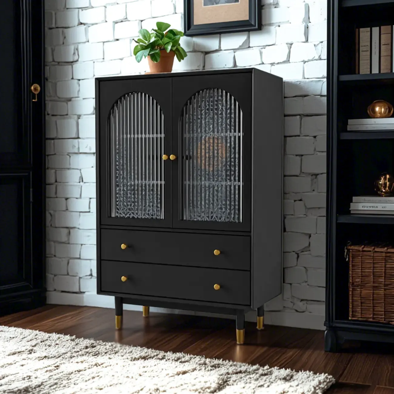 Modern Beige Solid Wood Accent Cabinet with 2 Drawers