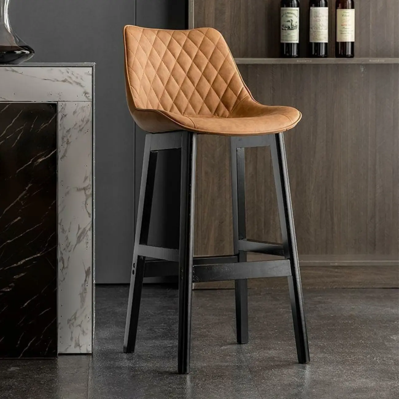 Modern Wood Tufted Upholstered Leather Bar Stool