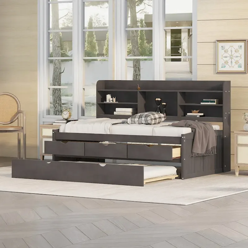 Twin Pine Captain Bed with Shelves, Drawers & Trundle