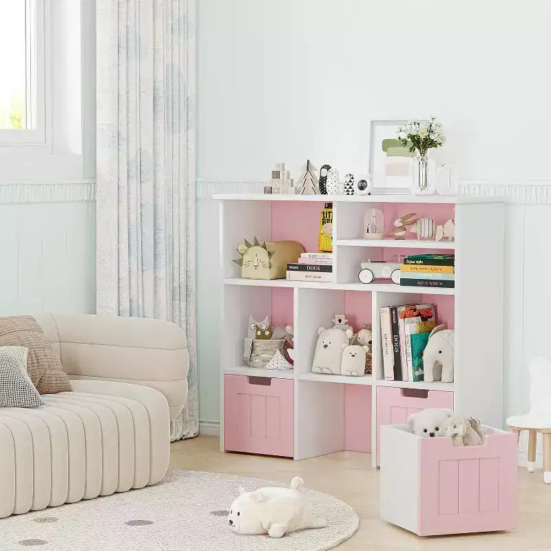 Toy Storage Organizer  Kids Bookshelf with 3 Movable Drawers, Toddler Bookcase Cabinet for Bedroom, Playroom, Nursery (Pink White), Easy Assembly