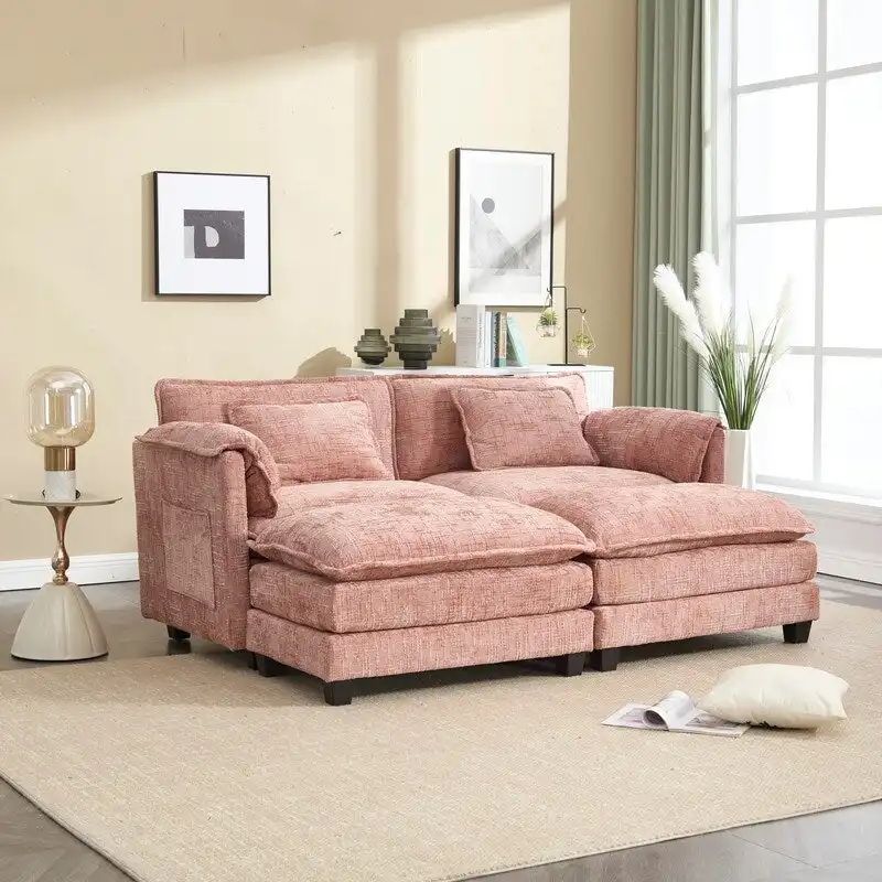 76.77  Chenille Upholstered Sofa with 2 Ottomans