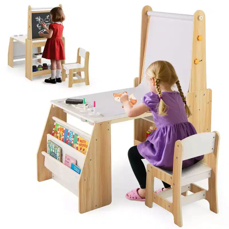 Costway Kids Art Table and Chair Set with Easel & Chair Whiteboard & Chalkboard Paper Roll