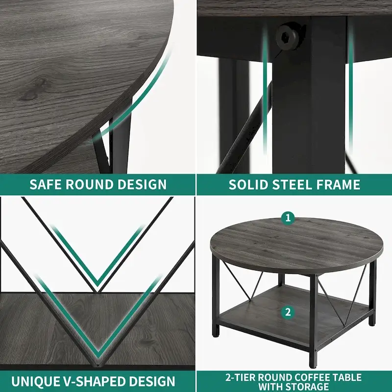 Industrial 2-Tier Round Coffee Table with Shelf