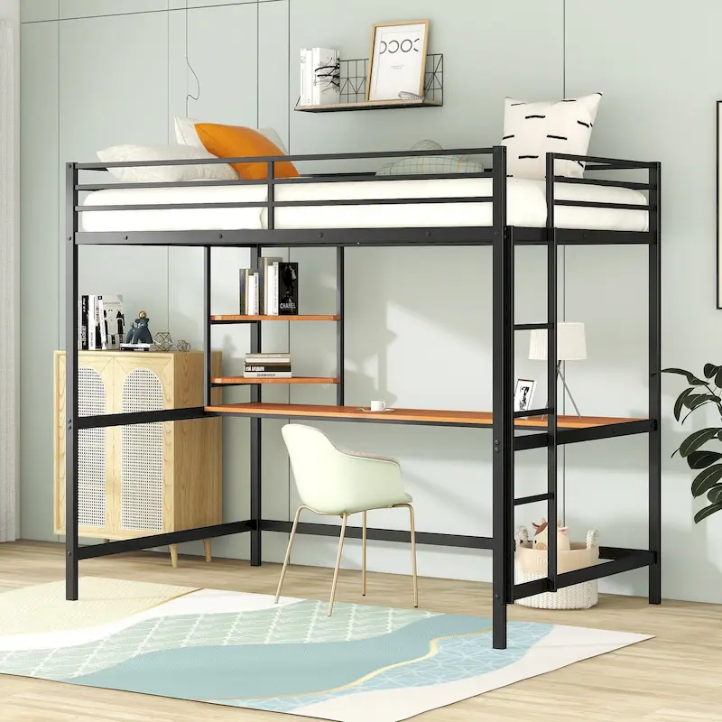 Black Full Size Metal Loft Bed with Desk, Ladder and Shelve for Kids, Teens, Girls, Boys