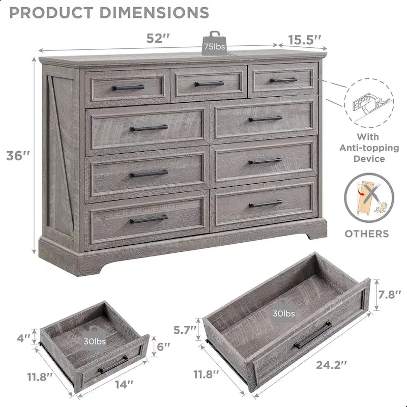 9-Drawer Dresser, Farmhouse, Blue/Grey/Brown/Off White/Black, Engineered Wood