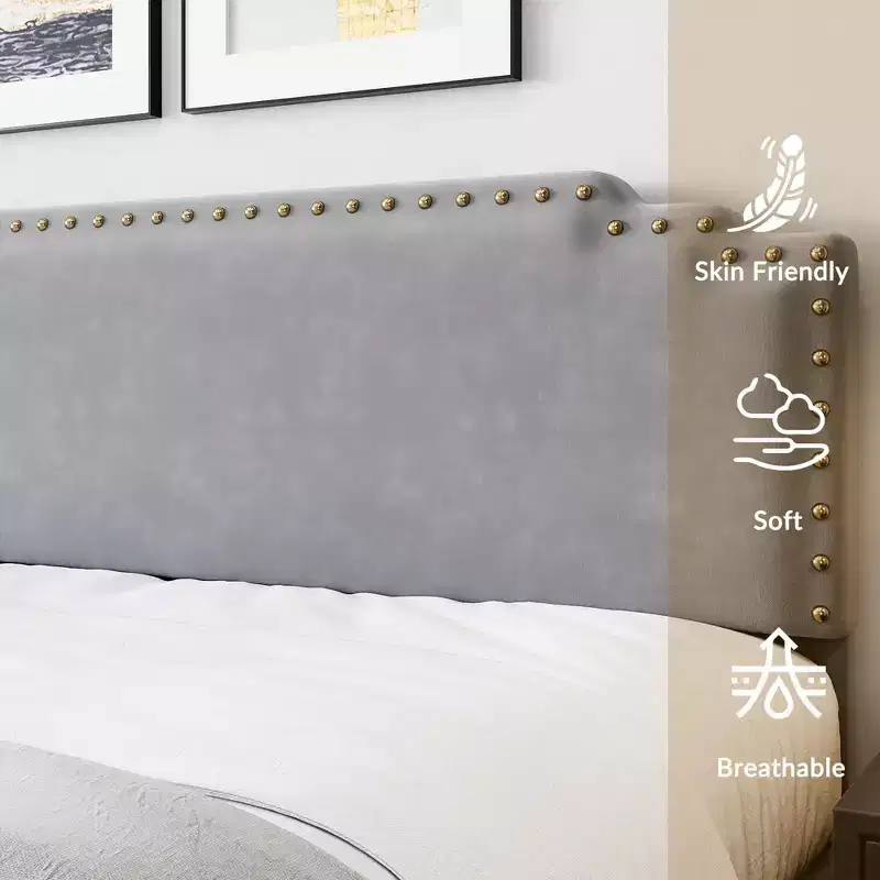 King Bed Frame with Tufted Headboard, Strong Wooden Slats & No Box Spring Required