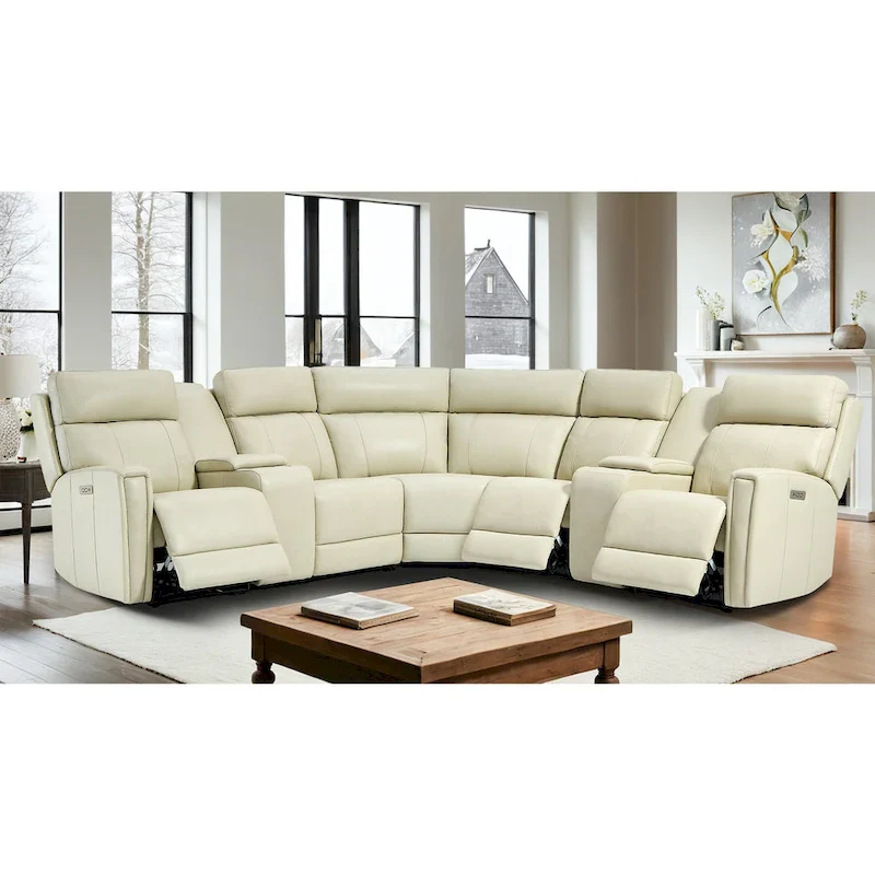 Genuine Leather Power Recliner Sectional Sofa with Ajustable Headrest, USB&USB-C Port