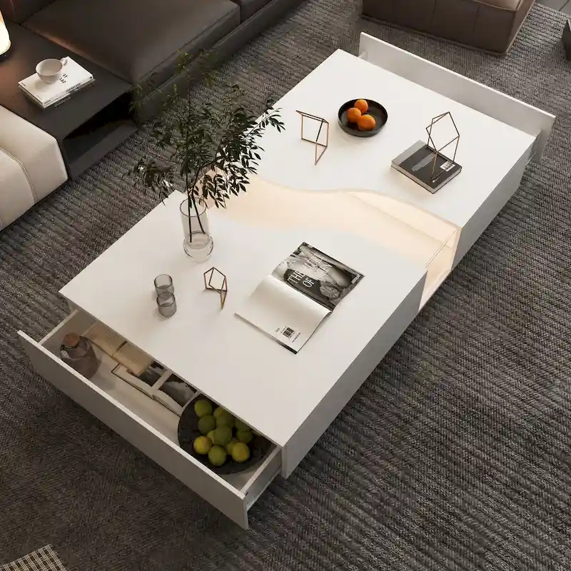 Luminous Chic: White Dual-Drawer Coffee Table with LED Display Top