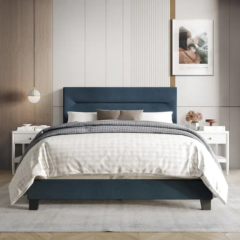 Linen Upholstered Bed, Foam-Padded Headboard, Rubberwood/MDF, Seats 2, Grey/Blue/Beige/Light Blue, Twin/Full/Queen/King
