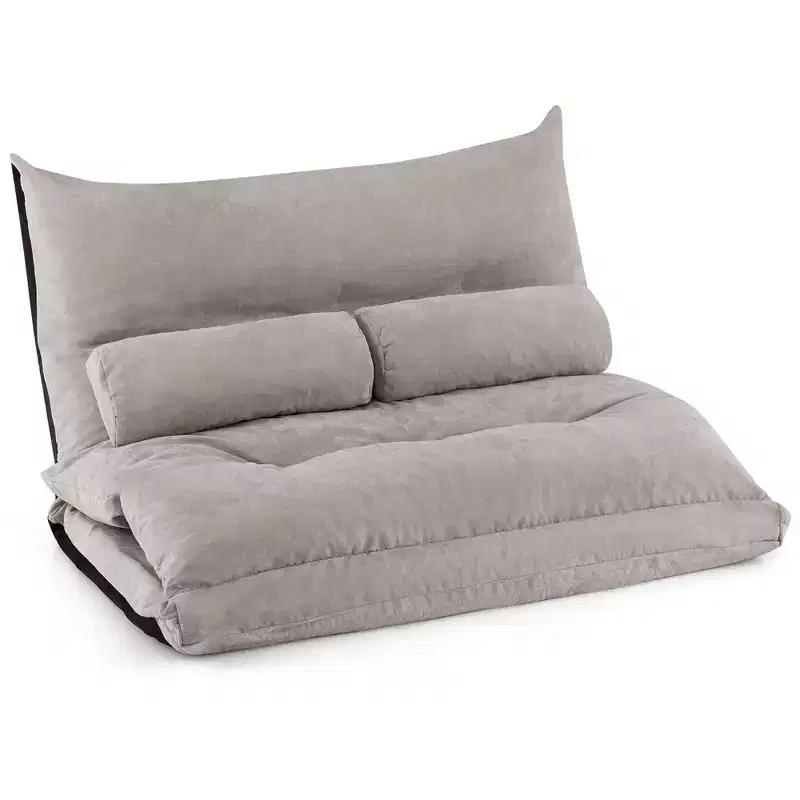 Convertible Lazy Sofa Bed with 42-Level Adjustable Backrest & 2 Lumbar Pillows Gray/Beige