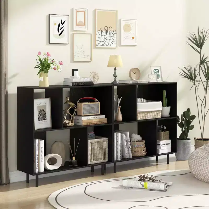 Black/Natural/White Mid-Century Modern 4-Cube Open Bookshelf, Single