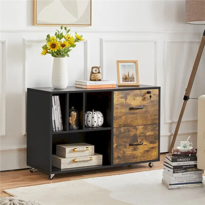 Rolling File Cabinet with 2 Drawers and 2 Open Shelves