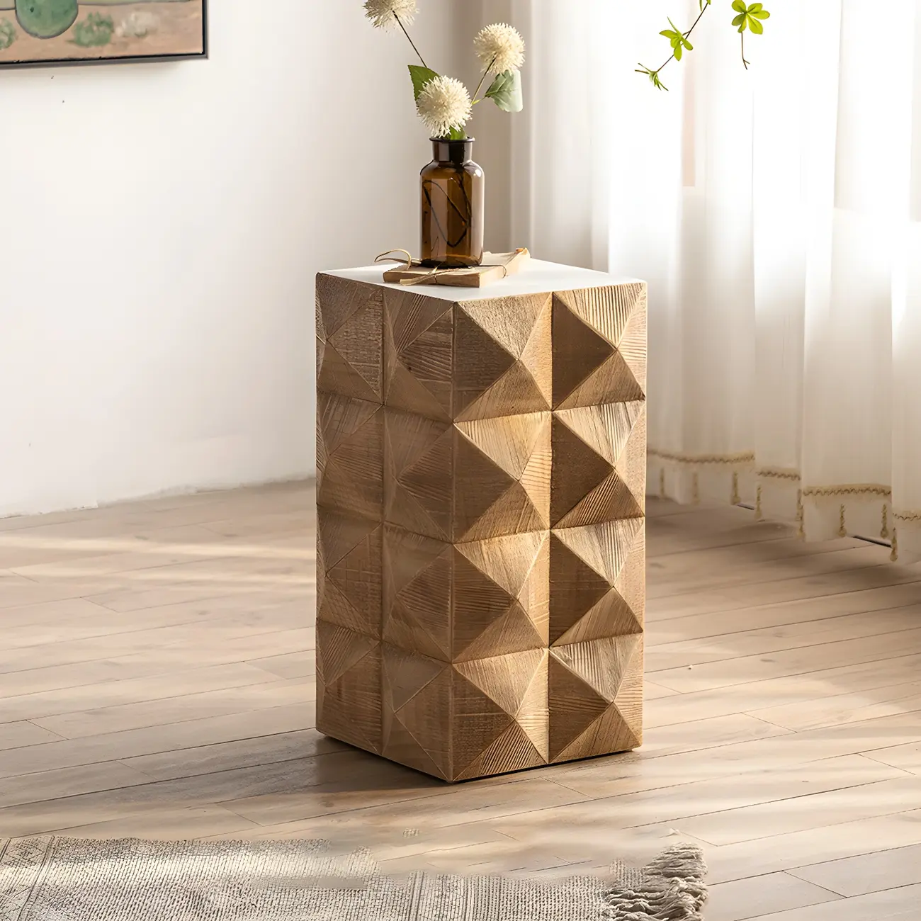 Elegant Geometric Wooden Block Accent Side Table