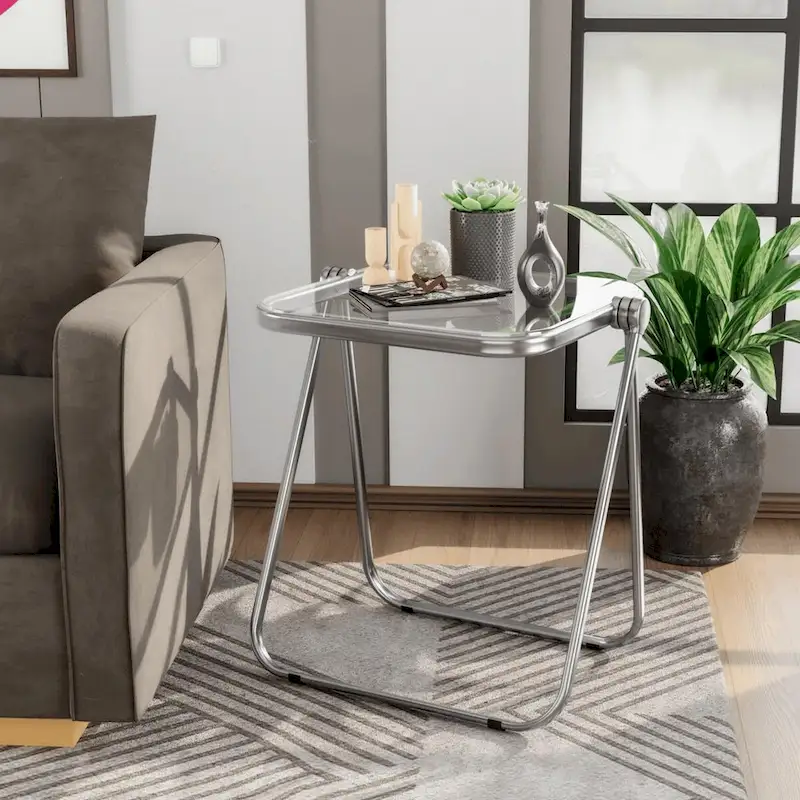 LeisureMod Lawrence Square Plastic Folding End Table with Iron Frame