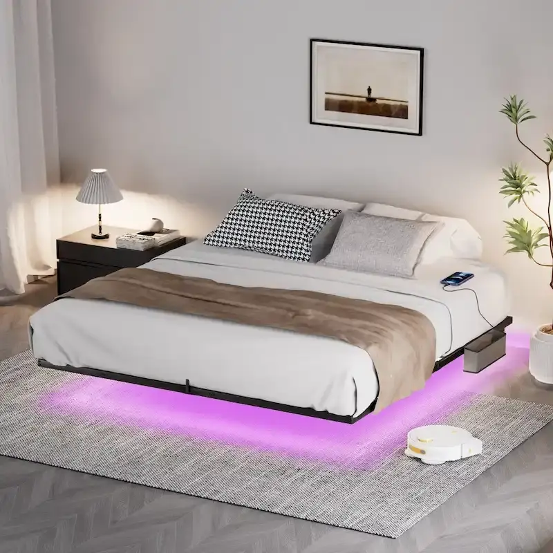 King Size Floating Bed Frame with LED Lights & Charging Station - Metal Platform