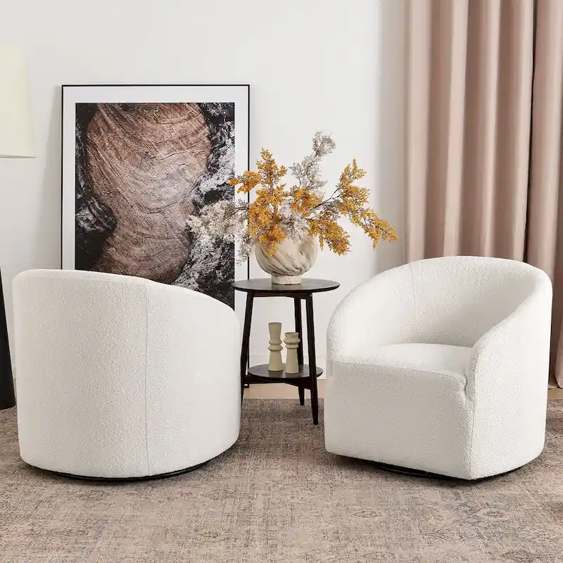 KINWELL 32W Boucle Upholstered Swivel Barrel Armchair (Set of 2)