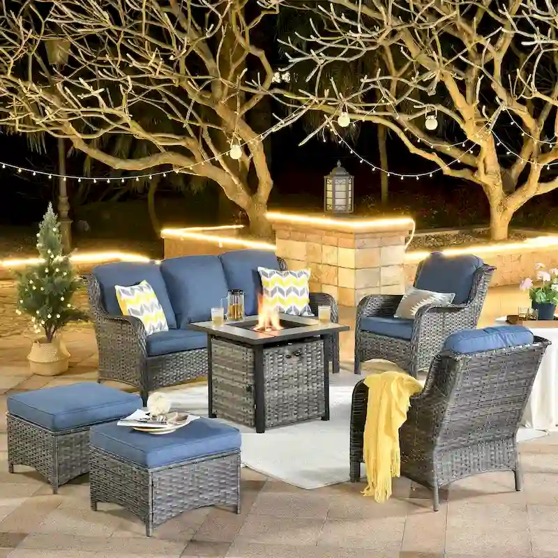 OVIOS Grey Wicker 6-piece Patio Furniture Set With 30  Fire Pit