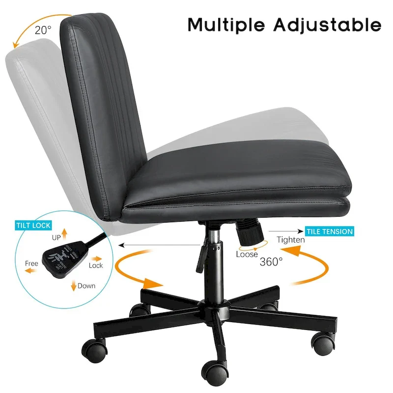 Bossin Criss Cross Chair with Wheels,PU Leather Armless Cross Legged Office chair, Adjustable Wide Seat Task Vanity Chair