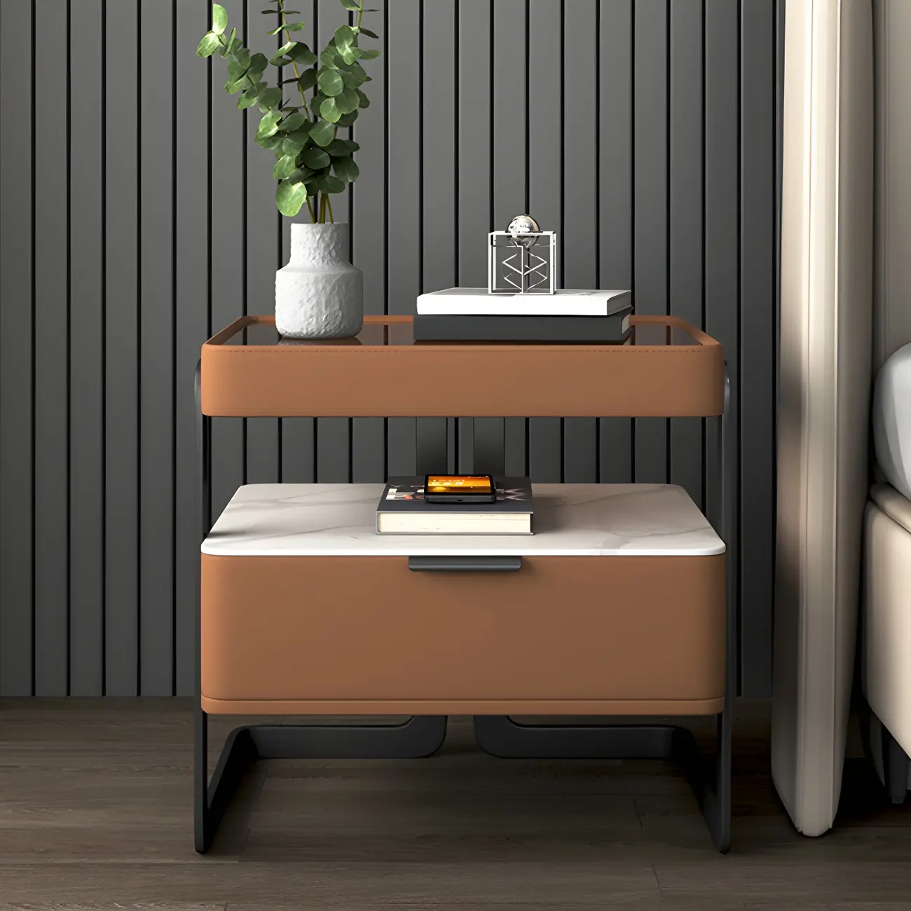 Modern Wood Nightstand with Glass Countertop and Drawer