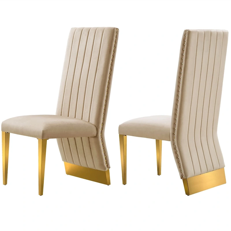 Modern Channel High Back Dining Chairs with Nailhead Trims and Polished Metal Legs