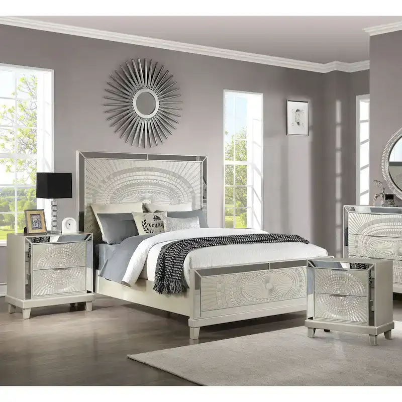 Luela Glam Champagne Wood 3-piece Panel Bed and Nightstands Set with USB Port by Furniture of America