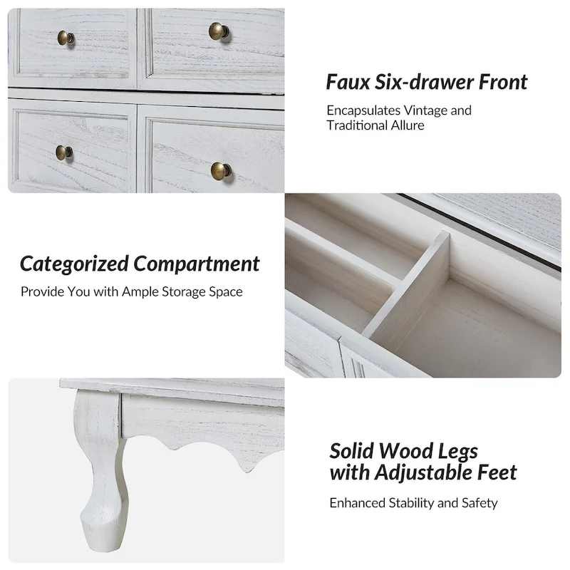 Farmhouse 30Tall Distressed 3-Drawer Nightstand With Solid Wood Legs and Adjustable Feet