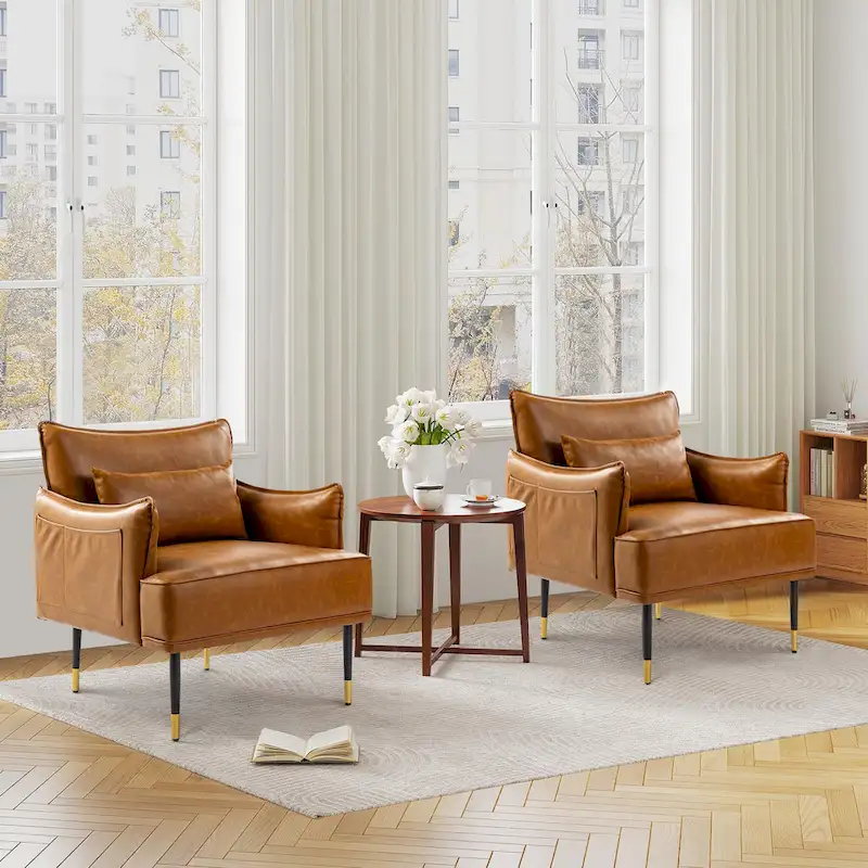 Glitzhome Set of 2 29.5 W Mid-Century Modern Leatherette Armchairs With Side Pocket - 29.5  W x 32  H x 28.75  D