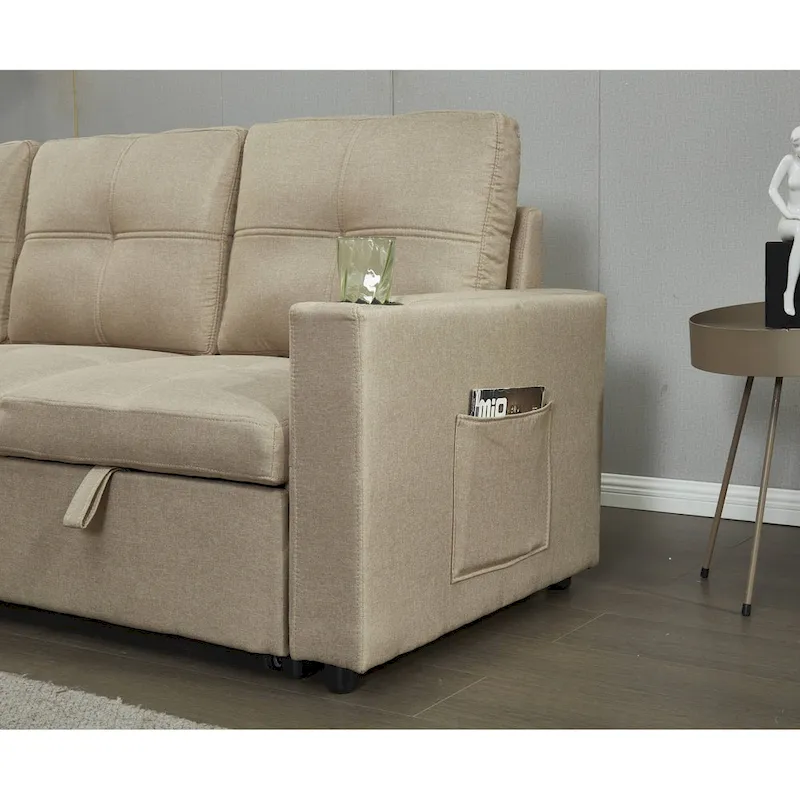 Linen Sectional Sofa Reversible Chaise with Pull out Sleeper