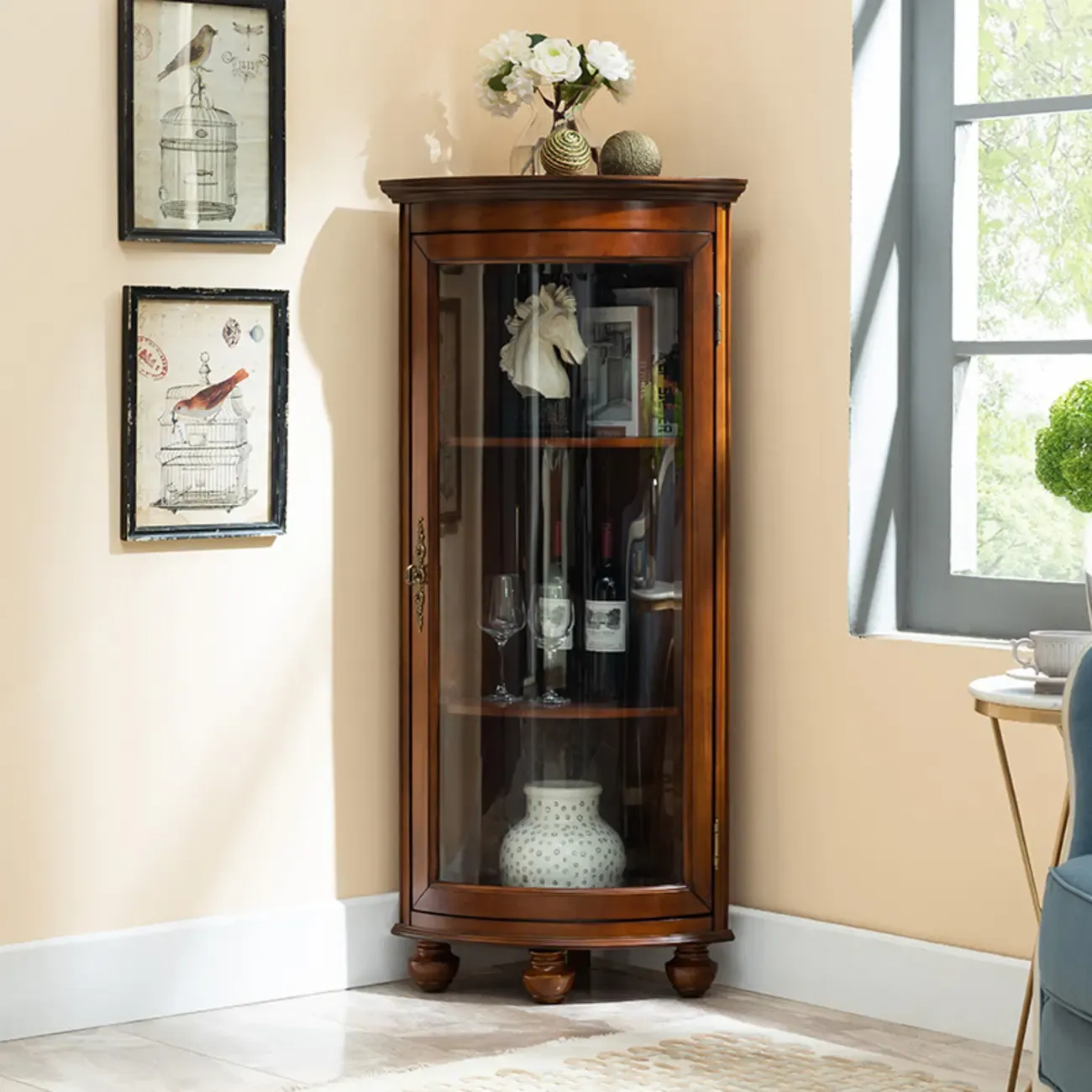 Traditional Wood Medium Floor Corner Wine Cabinets