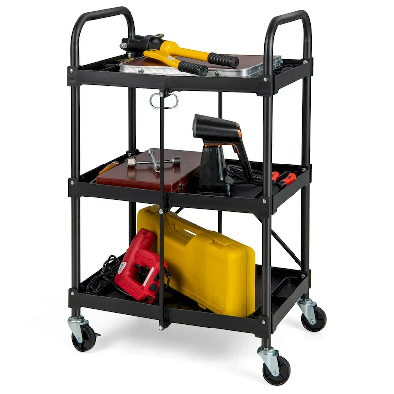 Folding Collapsible Service Cart Heavy-Duty 3-Shelf Tool Cart - 24 x 17 x 38 (L x W x H)
