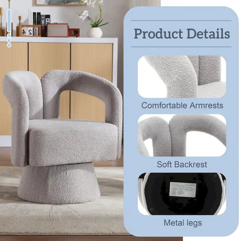 Boucle Upholstered 360° Swivel Barrel Accent Chair, Hardwood Frame, 15-Min Assembly, 6 Colors