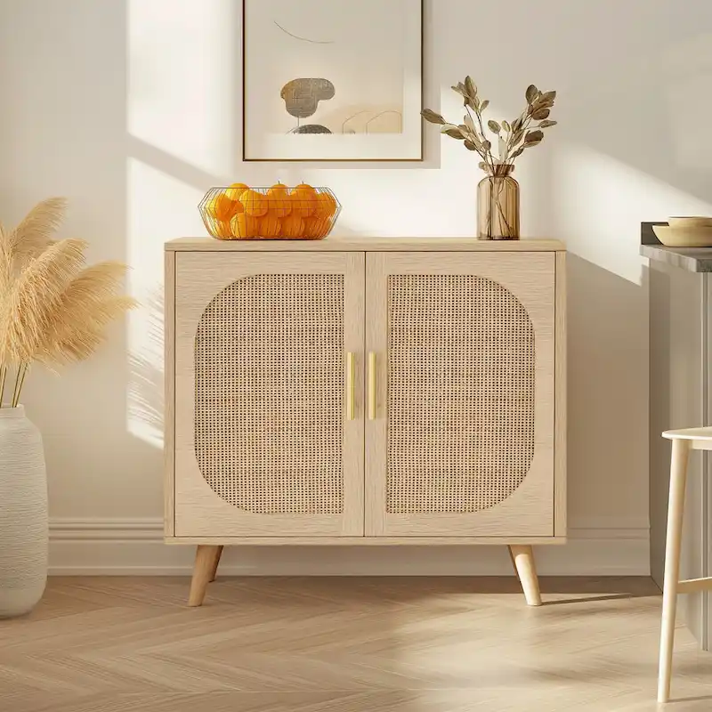 Natural Rattan 2-Door Storage Cabinet with Wood Feet