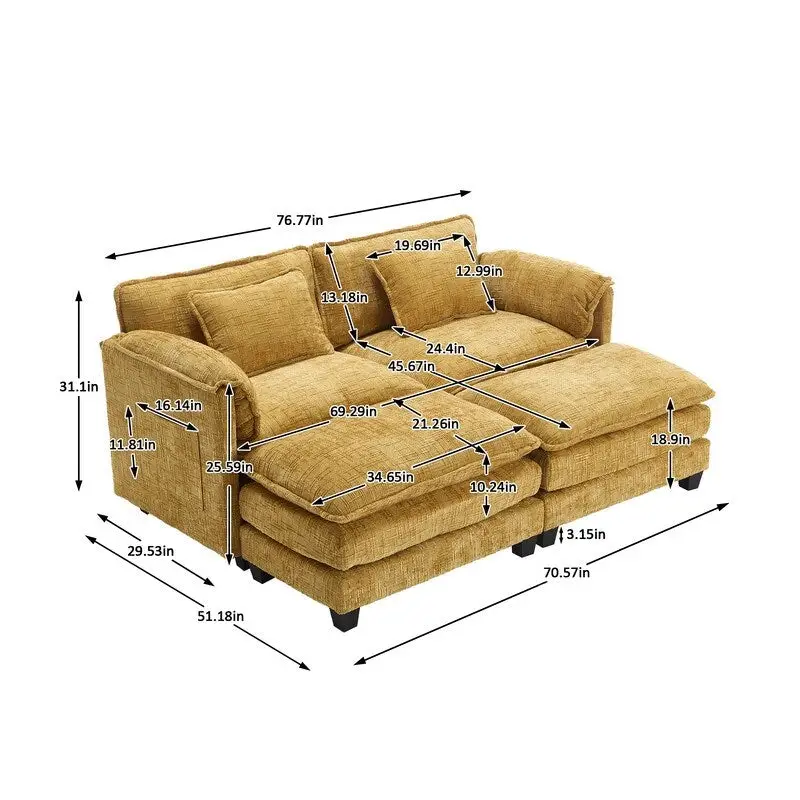 76.77  Chenille Upholstered Sofa with 2 Ottomans