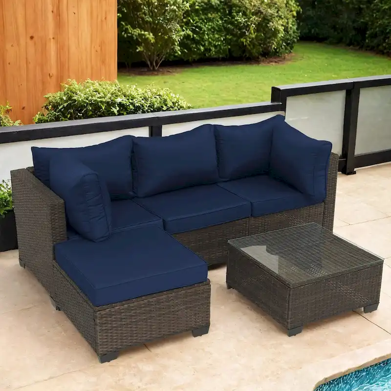 5-Piece Hand-Woven PE Wicker Outdoor Patio Sectional Sofa Set with Cushions and Coffee Table