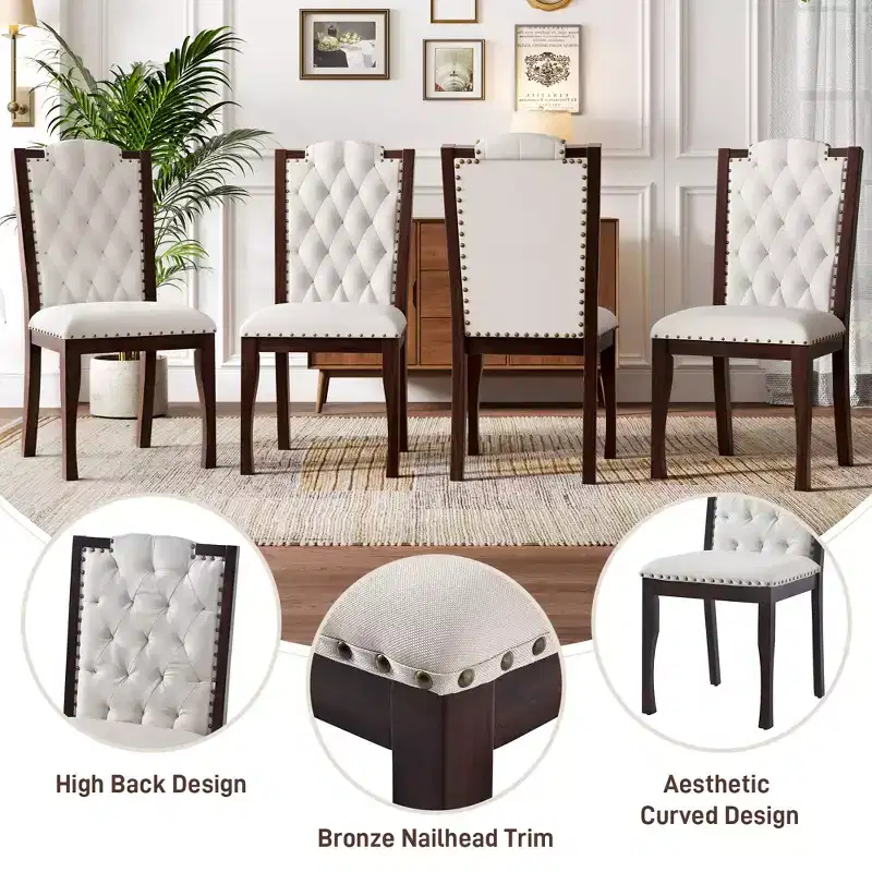 Beige Linen High Back Dining Chair, Button Tufted, Set of 4