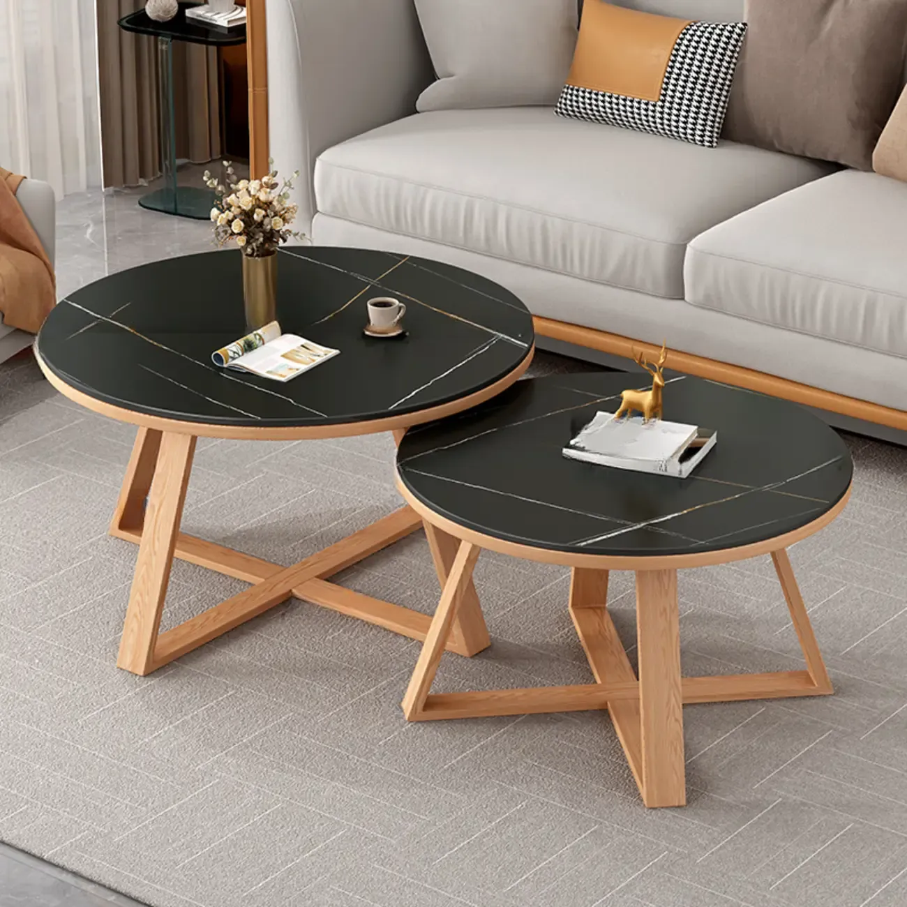Modern Marble Round 2 Nesting Coffee Table Set with Wood Base