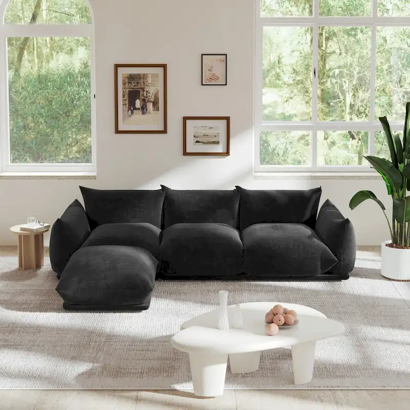 103.9  L-Shaped Sectional Sofa Chenille Fabric 3-Seat Couch with Ottoman