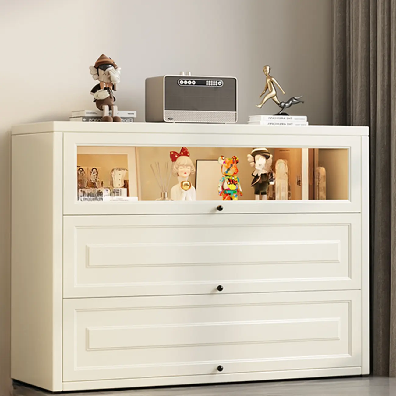 Chalk Vertical Bookshelves with 3 Cabinets, 3-Shelf Alloy Frame and Closed Back