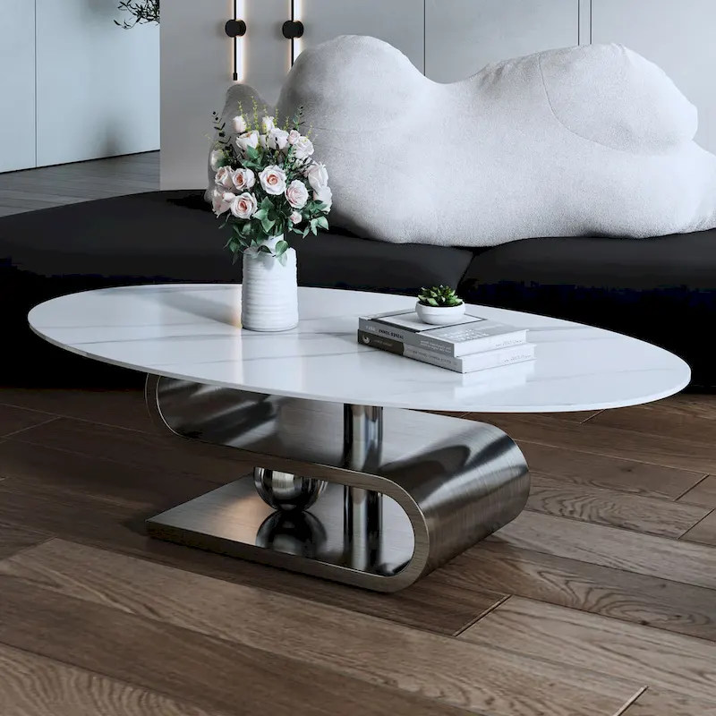 Exquisite Modern Oval Coffee table with white 51L Stone Top and Gold Metal Base