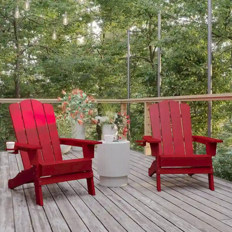 Set of 2 Commercial All-Weather Adirondack Chairs with Cupholders