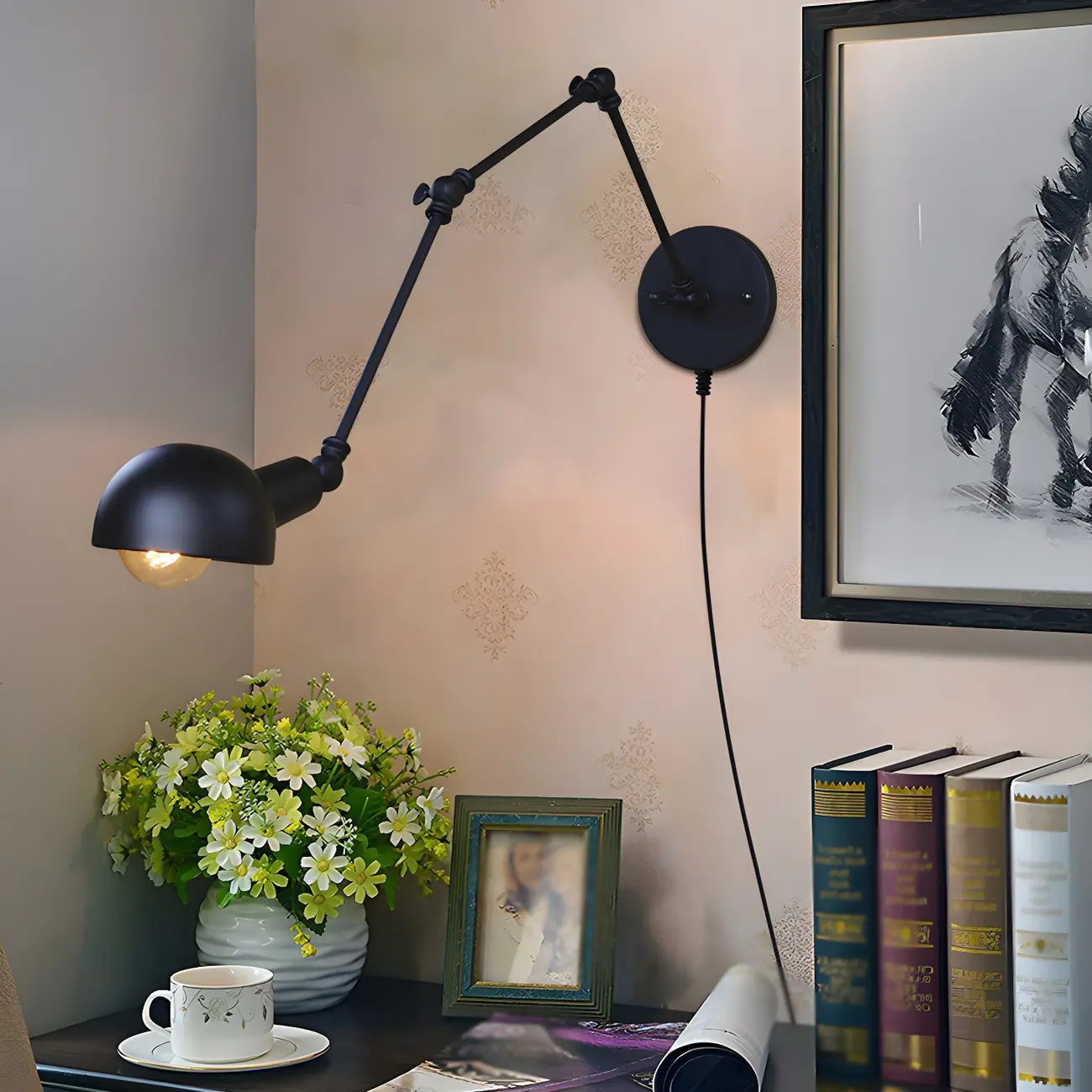 Industrial Metal Black Bowl Swing Arm Wall Light