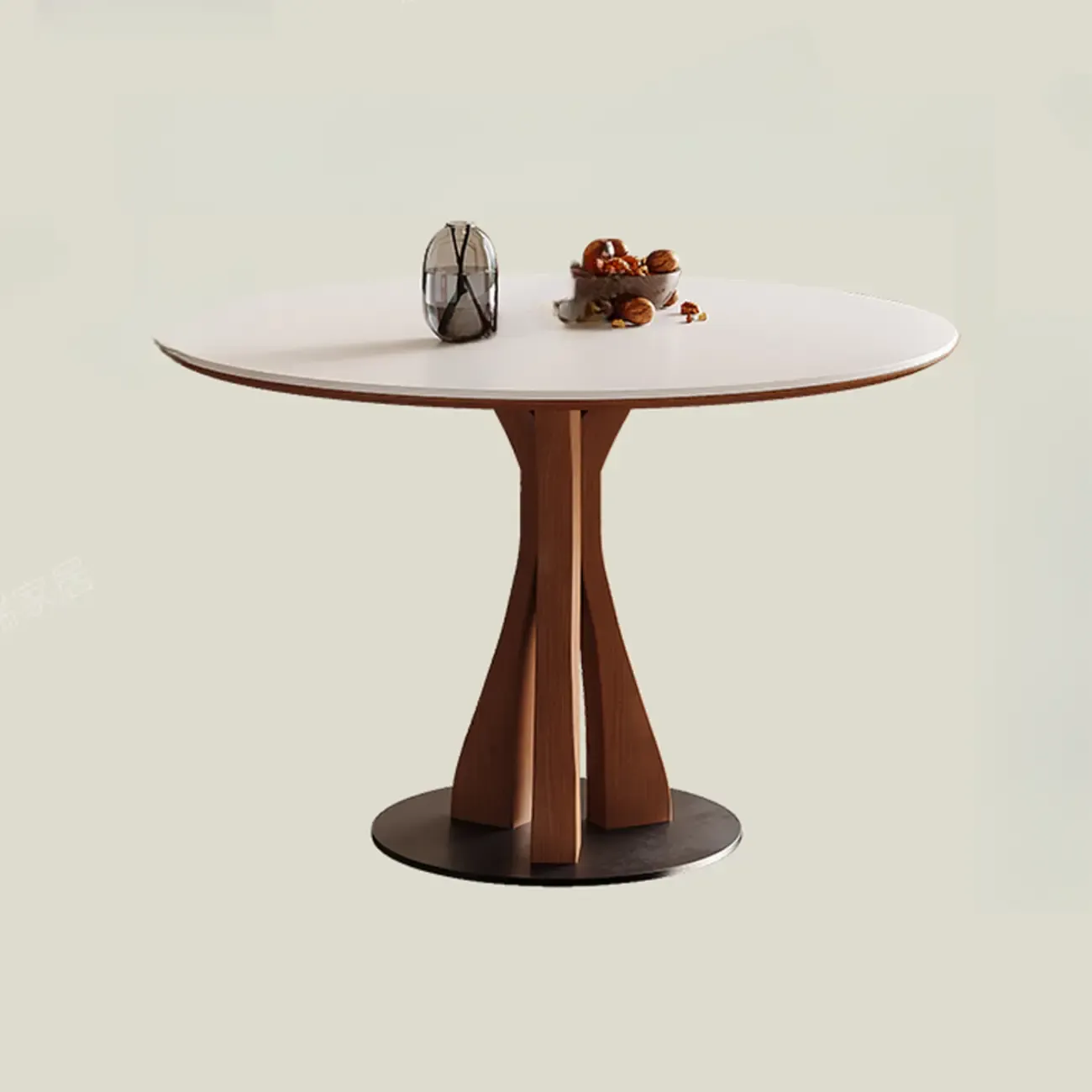 Mid-Century Modern White Stone Brown Wood Round Dining Table