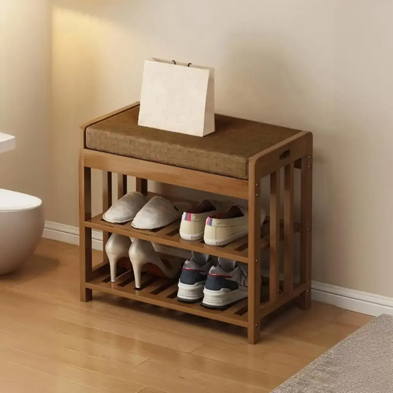 Classic Brown Bamboo Cushioned Shoe Storage Bench
